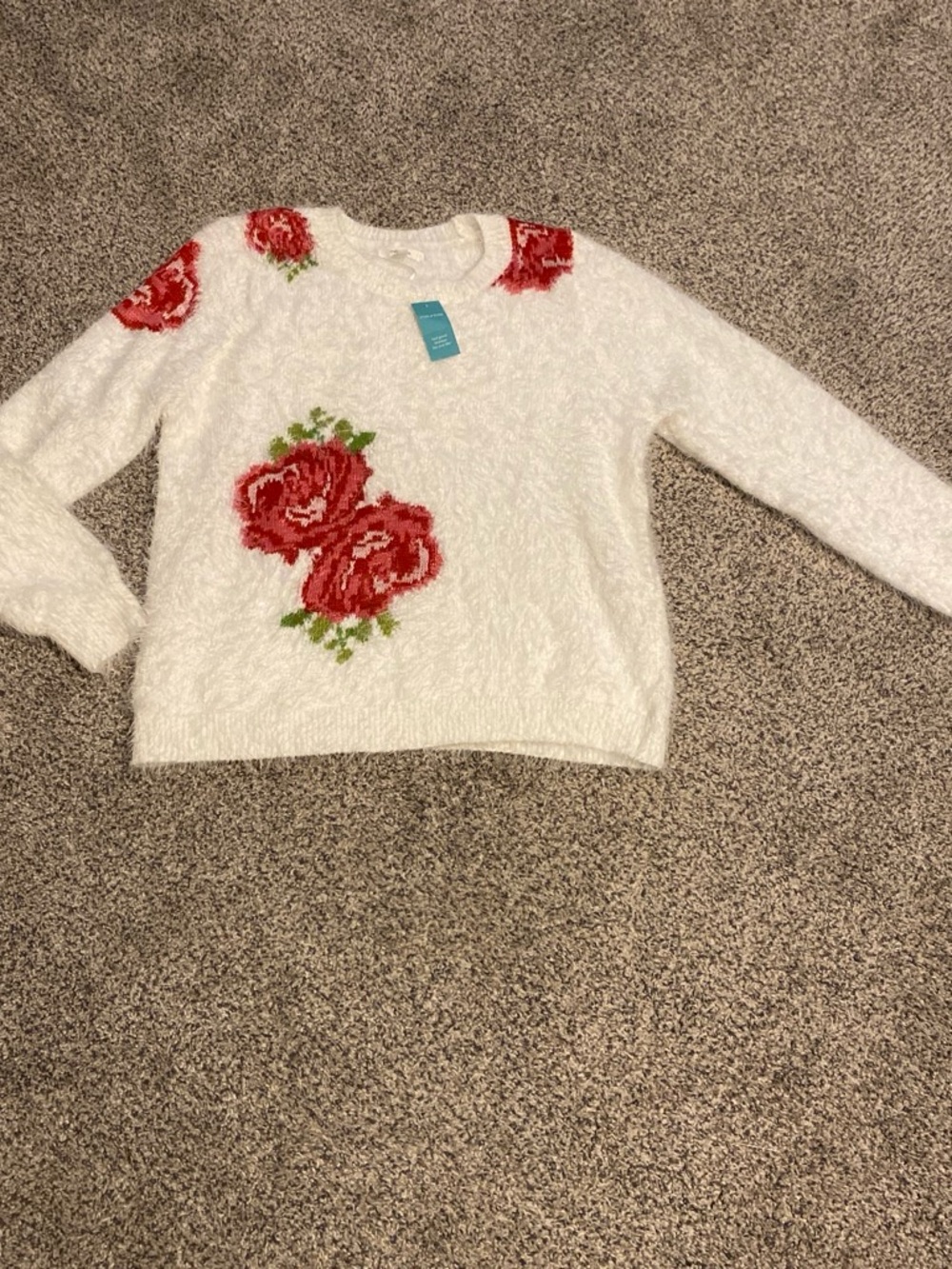 Maurice’s NWT Women's White Floral Fuzzy Sweater with Red Rose Accents